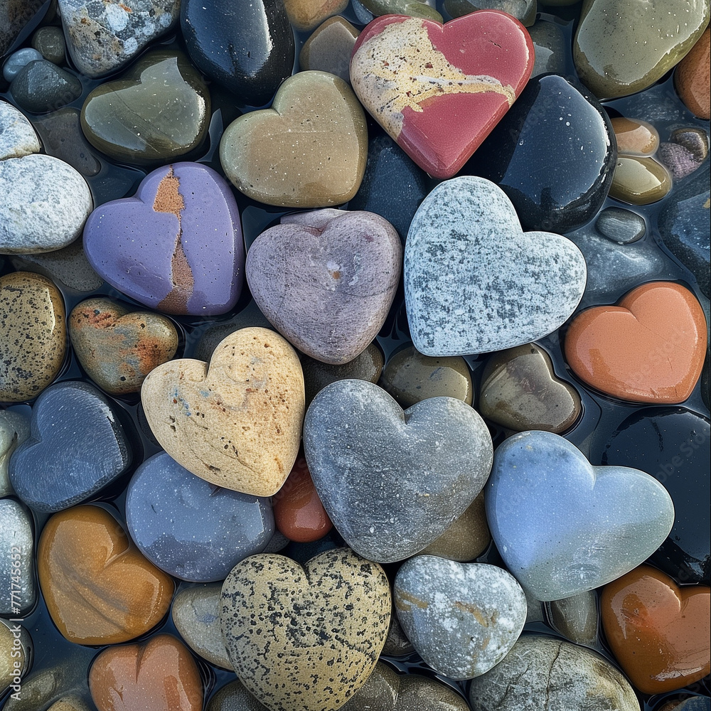 Assortment of heart-shaped stones on a beach, perfect for expressions of love and Valentine's day themes Assortment of heart-shaped stones on a beach, perfect for expressions of love and Valentine's day themes
