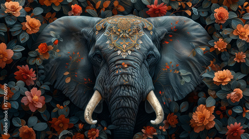 Elegant Elephant: Intricate, dark design amidst lush florals.generative ai