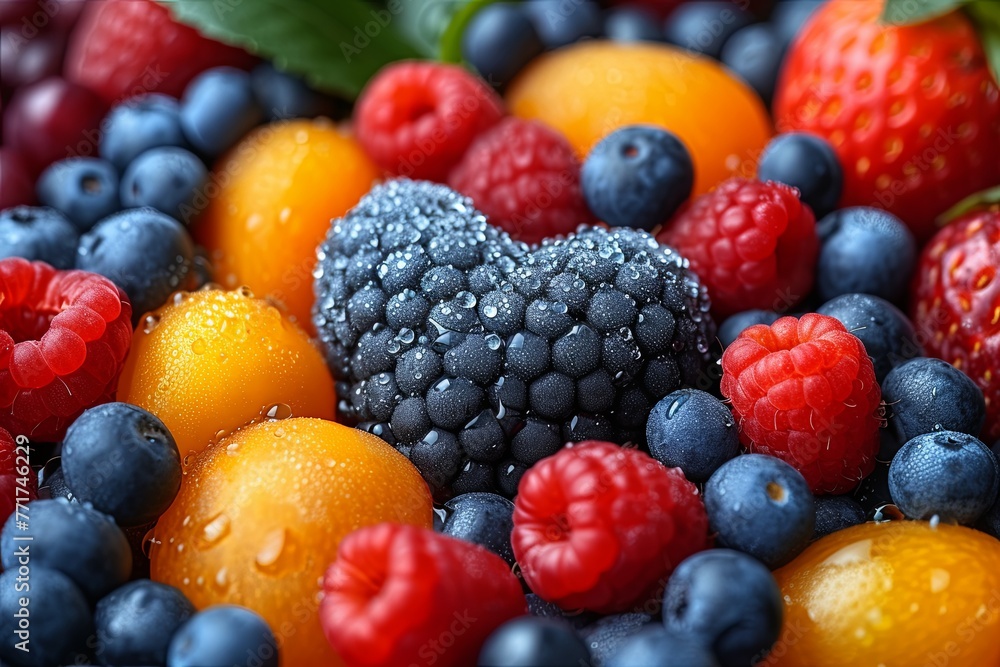 Heart is surrounded by a variety of fruits including blueberries, raspberries, and oranges Heart is surrounded by a variety of fruits including blueberries, raspberries, and oranges