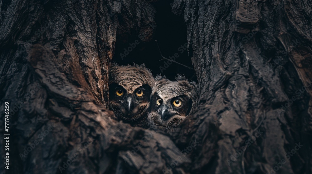  Two owls peek from tree bark; one eye wide open