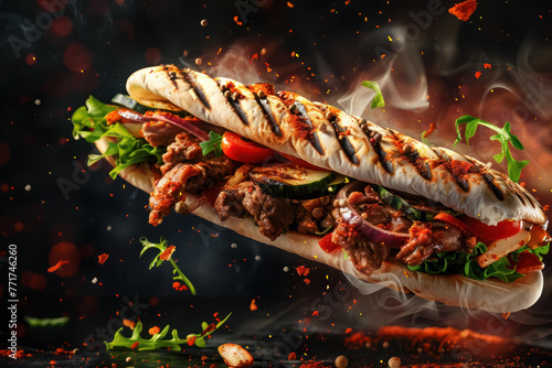 sizzling turkish shawarma with grilled meat and vegetables flying in the air