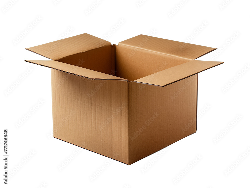 Empty open cardboard box mockup, png file of isolated cutout object on transparent background Empty open cardboard box mockup, png file of isolated cutout object on transparent background
