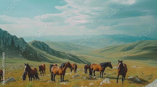  A group of horses grazing in a green meadow near a towering peak, shrouded by gray clouds photo