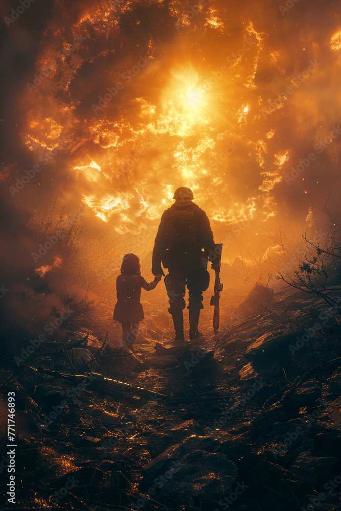 Sacred bond amidst war: soldier guides girl upward, light bathes them.generative ai Sacred bond amidst war: soldier guides girl upward, light bathes them.generative ai