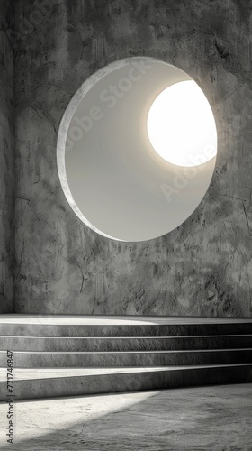 Empty Room With Concrete Steps and Round Window