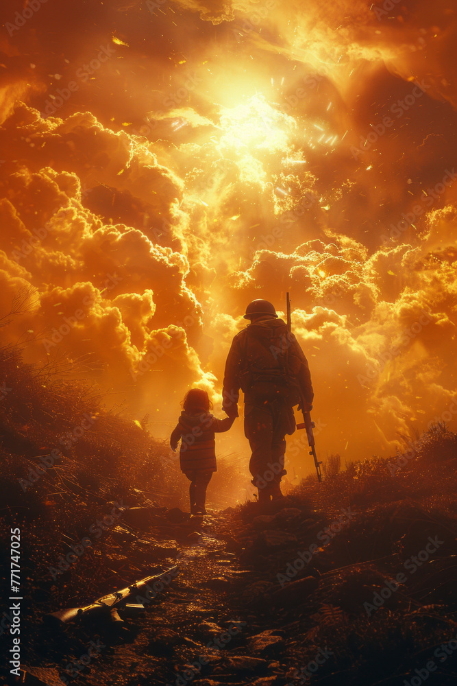 Fototapeta premium Sacred bond amidst war: soldier guides girl upward, light bathes them.generative ai