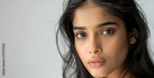 professional protrait shot of a young high class indian model posing, beautiful, pretty, close up shot, beauty shot, minimal makeup, natural beauty, healthy glowing skin, professional and sleak hair photo