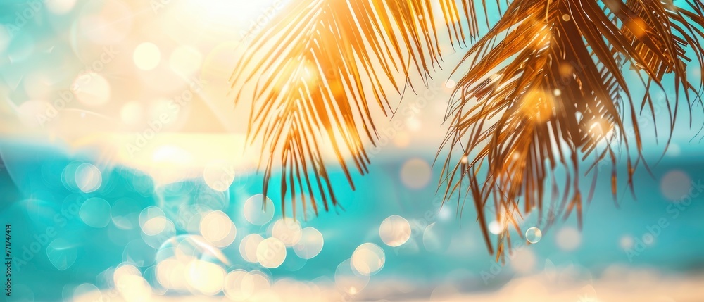  Abstract Blurred Seascape with Sun Rays, Light Blue Sky, and Palm Tree - Perfect Vacation Banner with Copy Space, Sparkling Bokeh, and Sun Beams