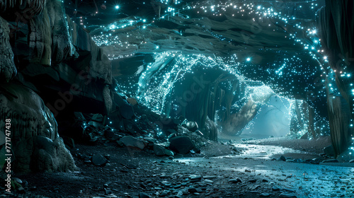 Ethereal Cave Interior with Celestial Light and Glittering Stalactites photo