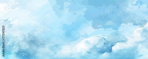 Soft Blue Watercolor Sky with Fluffy Clouds with White Background Style