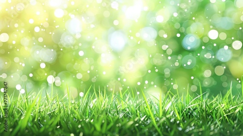 Background of spring featuring bokeh lights and verdant grass.