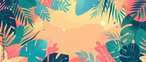 Vector Presentation Design of Tropical Leaves Framing Colorful Background in Flat Illustration Style