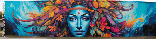Embark on a journey of discovery with a psychedelic street art mural painted on a city wall.