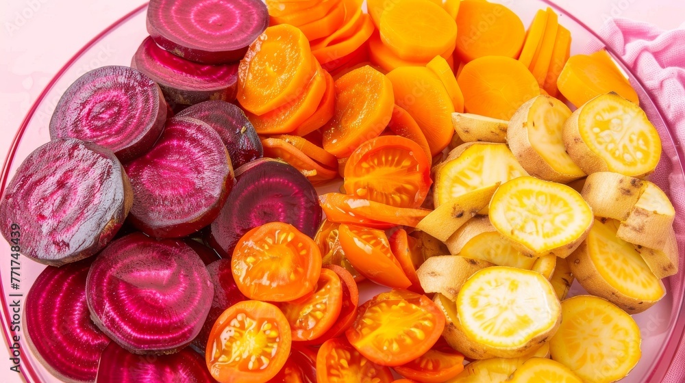 A bowl brimming with chopped vegetables, adjacent to mounds of shredded carrots and turnips A bowl brimming with chopped vegetables, adjacent to mounds of shredded carrots and turnips