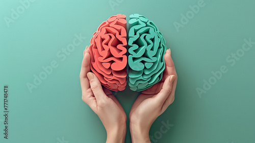 3d colorful brain illustration in human hands, Alzheimer awareness day, dementia diagnosis, Parkinson's disease, memory loss disorder concept  photo
