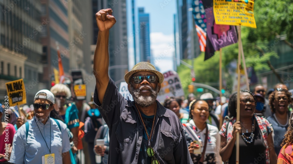 Elderly man raising fist during a protest march in a city. Civil rights and empowerment concept