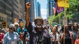 Elderly man raising fist during a protest march in a city. Civil rights and empowerment concept
