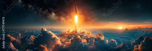 A spaceship takes off with flames blazing, venturing into the vastness of space. photo