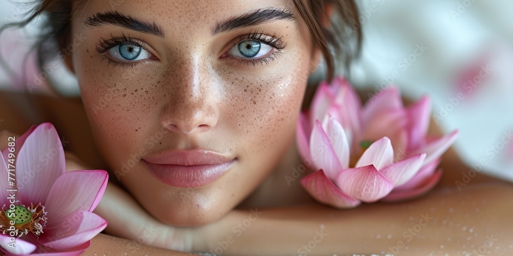 An alluring freckled woman enjoys a perfect complexion treatment amidst a spa's lotus ambiance. - obrazy, fototapety, plakaty 