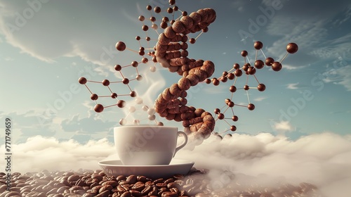 a giant roasted coffee bean in the middle. behind it in the middle is a DNA spiral. a cup of coffee under the roasted beans. around clouds