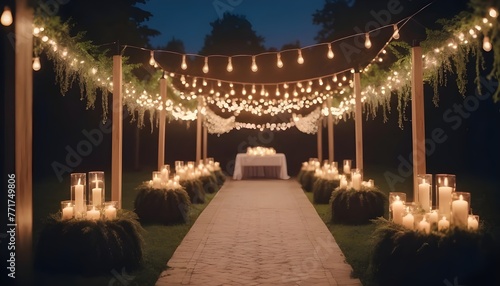 Elements of the wedding decor of the night ceremony. outdoor string lights. Wedding ceremony evening with candles and lamps