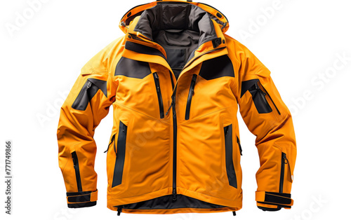 Vibrant yellow and black hooded jacket stands out, exuding style and protection