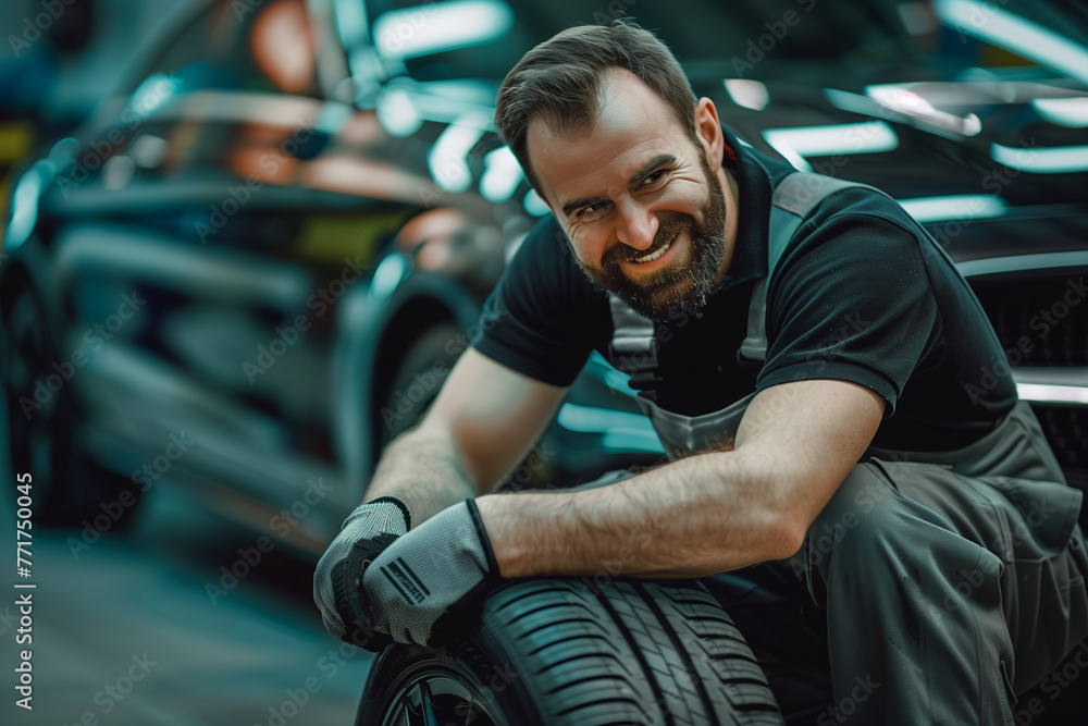 smiling mechanic in overalls with black t-shirt and gray gloves working on tire in modern car service smiling mechanic in overalls with black t-shirt and gray gloves working on tire in modern car service
