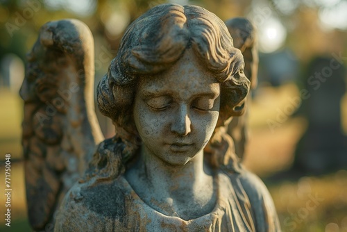 An old statue of a mourning angel on a headstone in a cemetery in sunlight