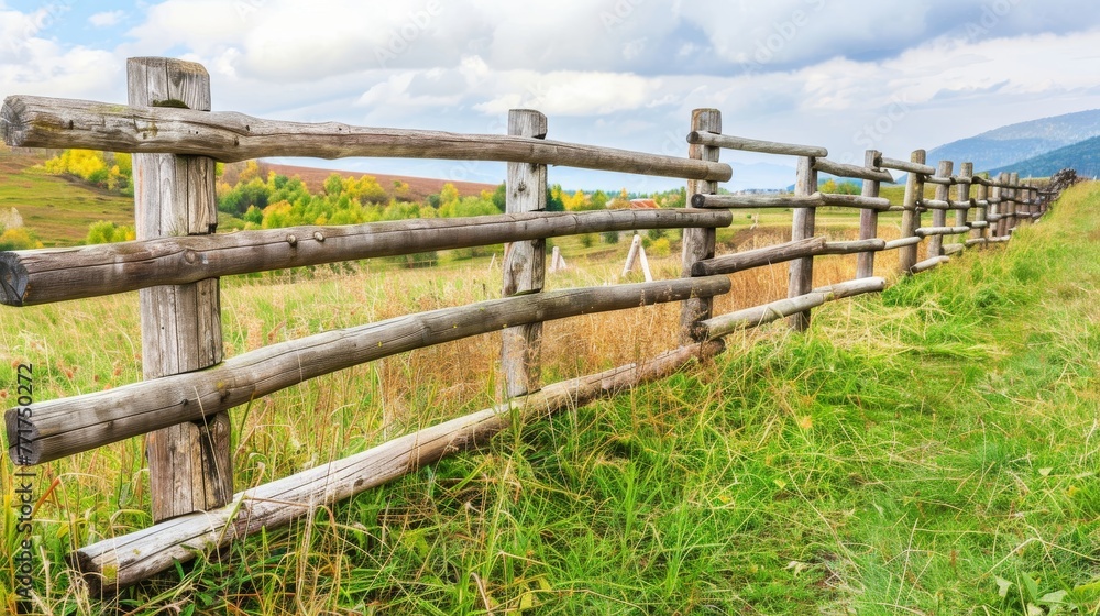  Wooden fence separates lush green field from majestic mountain range in background
