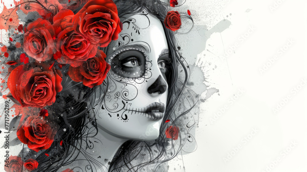 dia de los muertos girl fad with roses. Tattoo style artwork white background,generative ai - obrazy, fototapety, plakaty 