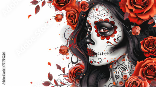 dia de los muertos girl fad with roses. Tattoo style artwork white background,generative ai photo
