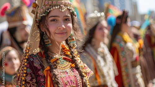 A vibrant celebration of the Assyrian New Year, showcasing a parade with participants dressed in traditional Assyrian costumes photo