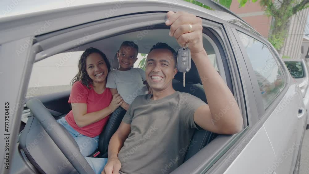 Young hispanic family hugging each other holding key of new car at street
Young hispanic family hugging each other holding key of new car at street