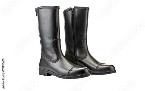 A pair of sleek black boots stand elegantly on a stark white background