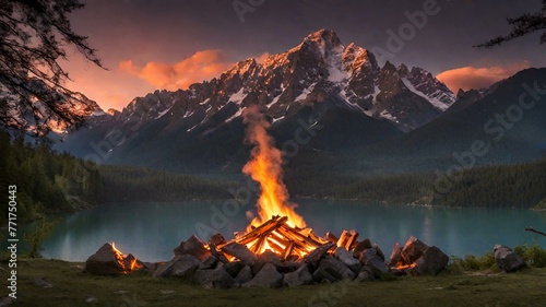 Night falls over the majestic peaks, the flickering flames of the mountain campfire amidst the untamed beauty of nature.