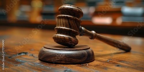 Symbolizing Justice: Closeup of Gavel on Judge's Desk in a Courtroom Setting. Concept Law, Justice, Legal System, Gavel, Courtroom