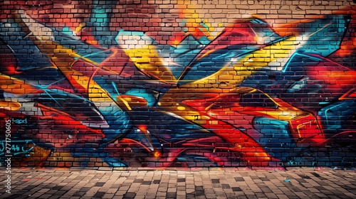 A vibrant and dynamic graffiti artwork covering an entire brick wall, showcasing a blend of abstract shapes and vivid colors that pop against the urban backdrop.