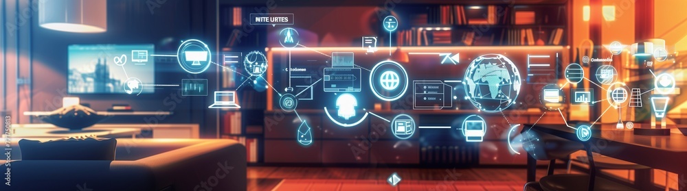 A vibrant, ultra-realistic image showcasing a network of connected IoT devices across a smart home environment, with icons and digital interfaces illustrating seamless communication and automation. A vibrant, ultra-realistic image showcasing a network of connected IoT devices across a smart home environment, with icons and digital interfaces illustrating seamless communication and automation.