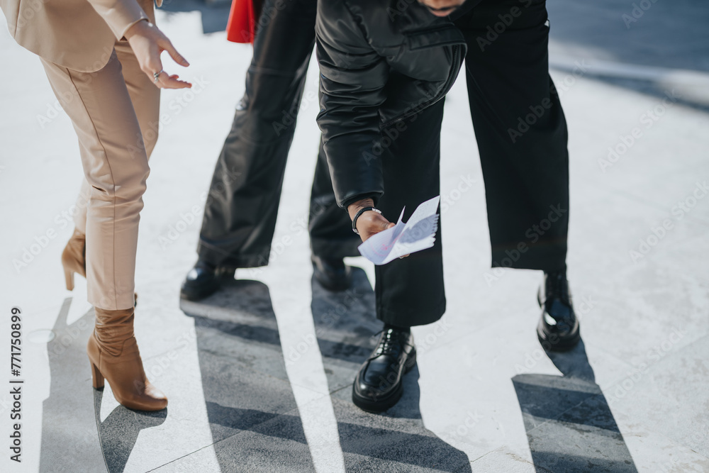 A moment of mishap as business professionals accidentally drop papers, capturing a sense of urgency and surprise in an urban setting. A moment of mishap as business professionals accidentally drop papers, capturing a sense of urgency and surprise in an urban setting.