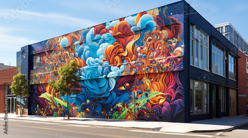 Experience the magic of urban artistry with a vibrant street art mural as the centerpiece of the cityscape. © shani