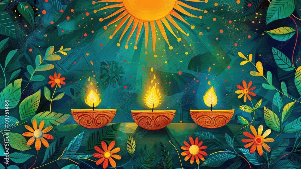Obraz premium A Sinhala New Year greeting card featuring traditional motifs such as the sun, representing the dawn of a new year, and oil lamps, symbolizing light and hope.