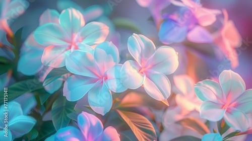 Digital illustration of translucent plumeria flowers with a soft glow on a dreamy blue and pink gradient background. Ideal for greeting card or spa concept design