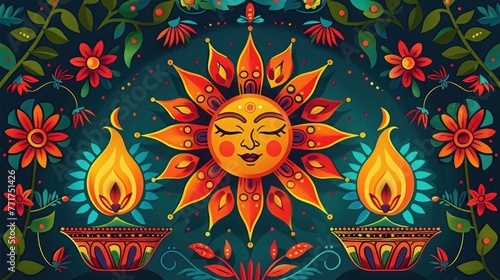 A Sinhala New Year greeting card featuring traditional motifs such as the sun, representing the dawn of a new year, and oil lamps, symbolizing light and hope.