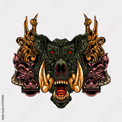 Angry wild boar head vector tattoo illustration