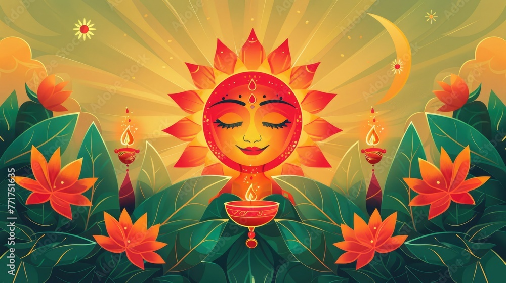 Naklejka premium A Sinhala New Year greeting card featuring traditional motifs such as the sun, representing the dawn of a new year, and oil lamps, symbolizing light and hope.