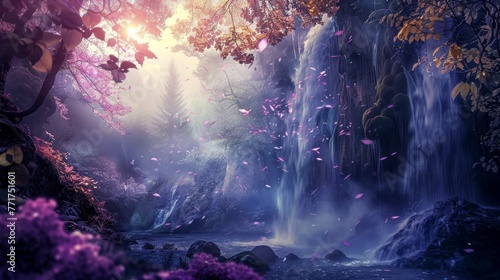 Enchanted forest waterfall with magical pink leaves falling. Fantasy and nature concept for background or wallpaper © Tatyana