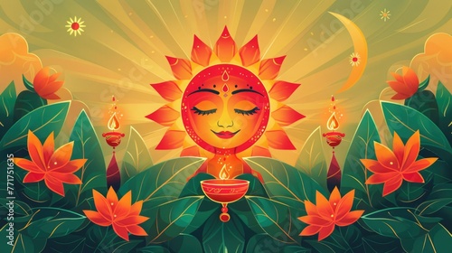 A Sinhala New Year greeting card featuring traditional motifs such as the sun, representing the dawn of a new year, and oil lamps, symbolizing light and hope.