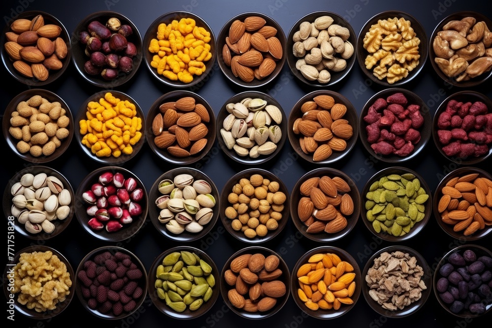 Assorted mixed nuts top-view on dark background, healthy organic food snack for nut lovers Assorted mixed nuts top-view on dark background, healthy organic food snack for nut lovers