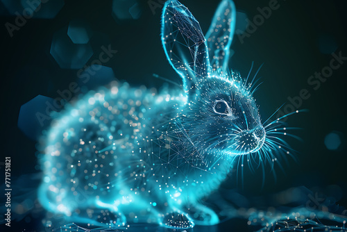 A mesmerizing particle wireframe-based visualization featuring a glowing translucent background with the silhouette of a rabbit, ideal for futuristic and nature-themed designs © River Girl