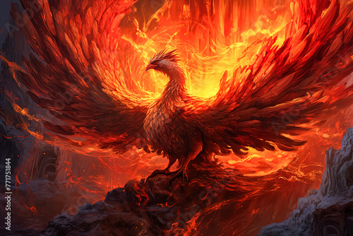 A red bird with flames on its wings flying through a rocky landscape.